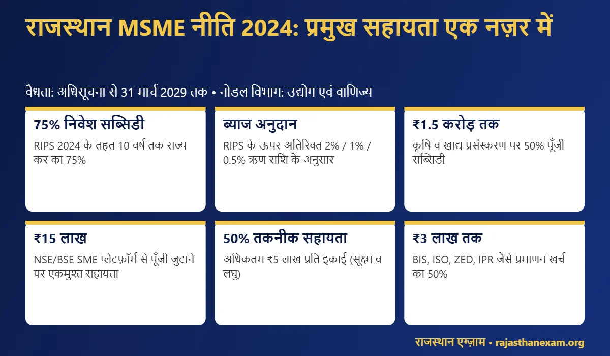 राजस्थान MSME नीति 2024 की प्रमुख सहायता और सब्सिडी का इन्फोग्राफिक